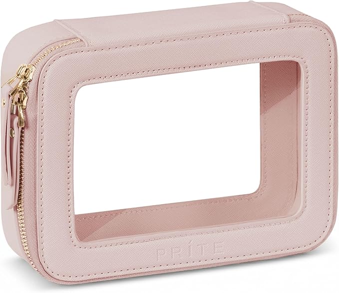 Prite Clear Makeup Bag Cosmetic Organizer Case Waterproof Travel Toiletry Bag Skincare Pouch with Golden Zipper(Pearlescent Pink)