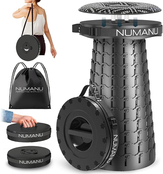 NUMANU 2026 Upgraded 3XL Oversized Collapsible Stool with Cushion & Bag, 1000lbs Max Weight, 23.2" Heavy Duty Portable Retractable Telescoping Folding Seat Chair or Travel Footrest