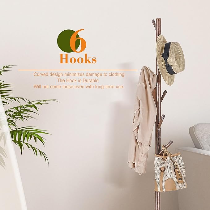 VECELO Coat Rack Freestanding, Entryway Hanger Stand, Umbrella Holder, Hall Tree With Hooks, Floor Standing Metal Tree Stand,Walnut