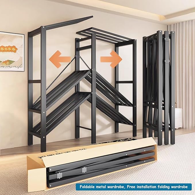 Heavy Duty Covered Clothes Rack with Magnetic Door Foldable Portable Wardrobe Closet for Hanging Clothing Rolling Black Metal Garment Rack on Wheels Closet System (Dragon Sandalwood, 65.9in)