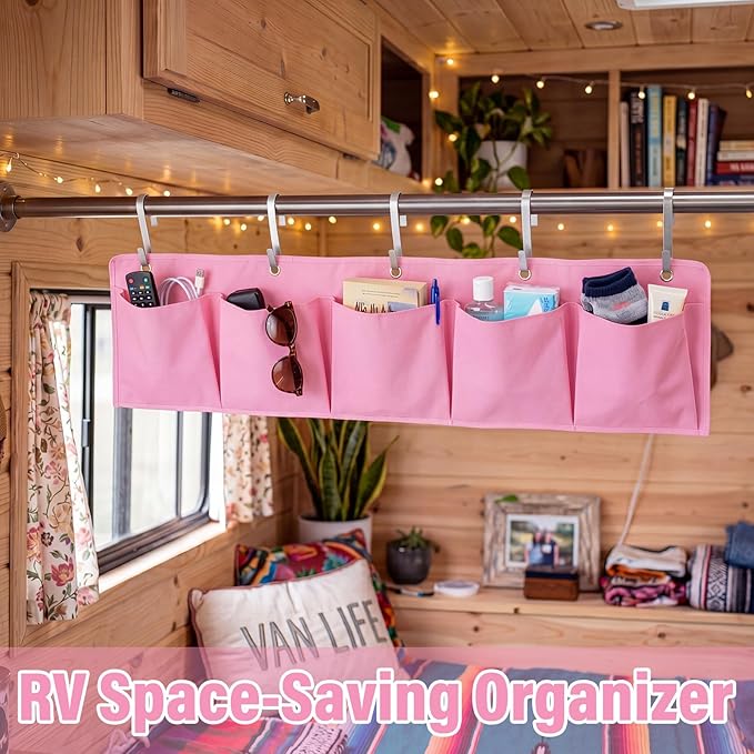 Extra Large Bedside Caddy Storage Bag 53 Inch Bedside Hanging Organizer Bedskirt Pocket Organizer Storage Bag Shoe Rv Pockets with Hook for Home Dormitory Hospital Camper Van Bunk Nursery Bed(Pink)