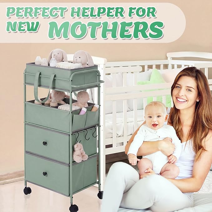 FoldTier 3In1 Baby Diaper Caddy Organizer Cart 4 Tier Large Capacity Metal Utility Bedside Rolling Cart with Divider Newborn Registry Nursery Essential Must Have Bedroom Gift Baby Shower (Green)