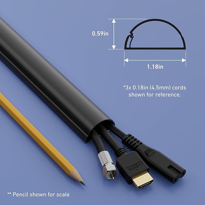 D-Line 15.7in TV Cord Hider, Patented Half Round Cable Cover, Hide Wall Mount TV Wires, Hinged One-Piece Cable Concealer, Adhesive, Decorative Raceway - 1.18in W x 0.59in H x 15.7in L - Black