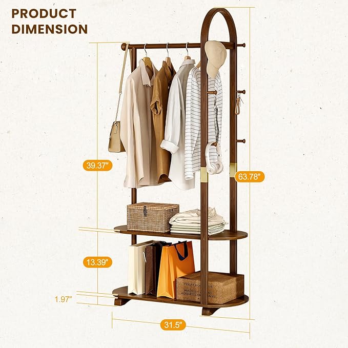 31.5" Wide 3-in-1 Freestanding Clothing Rack,Wooden Coat Rack with 2 Shelves and 6 Hooks,Solid Rubber Wood Coat Rack with Shelves for Entryway, Bedroom, Living Room, Walnut