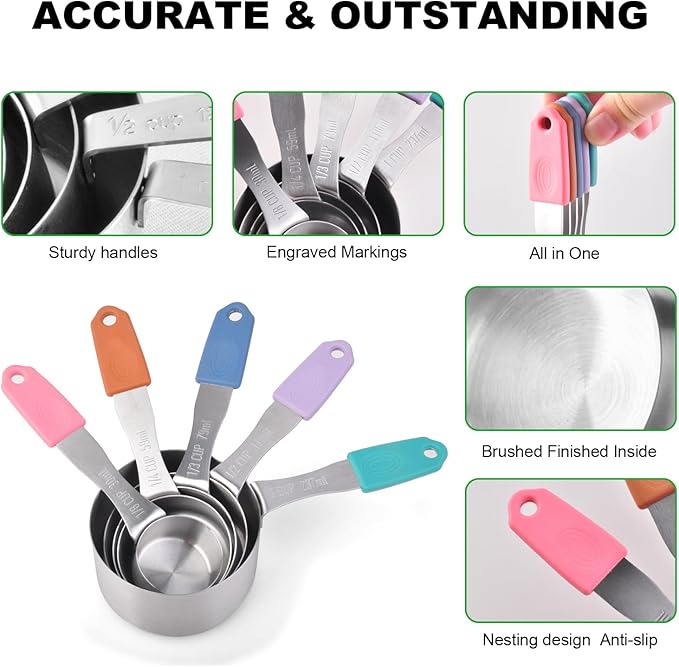 13-Piece All-Magnetic Measuring Cups and Spoons Set, 430 Stainless Steel Metal Measuring Cup and Spoon Set with Silicone Handles & Leveler for Baking Cooking (Multi-color)
