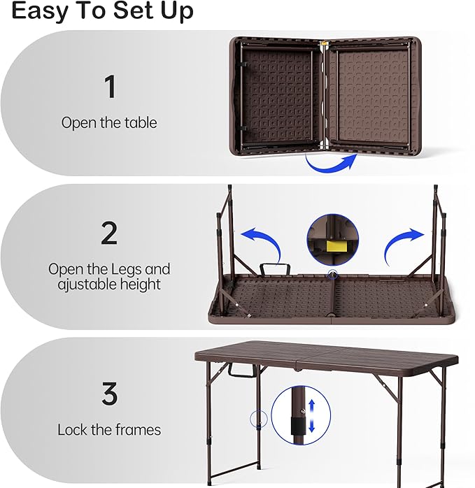 VSOAEIL Set of 2 Folding Table 4 Foot for Indoor Outdoor, Portable Heavy Duty Fold-in-Half Utility Small Plastic Adjustable Height Folding with Carrying Handle for Picnic and Party, 2 Pack Brown