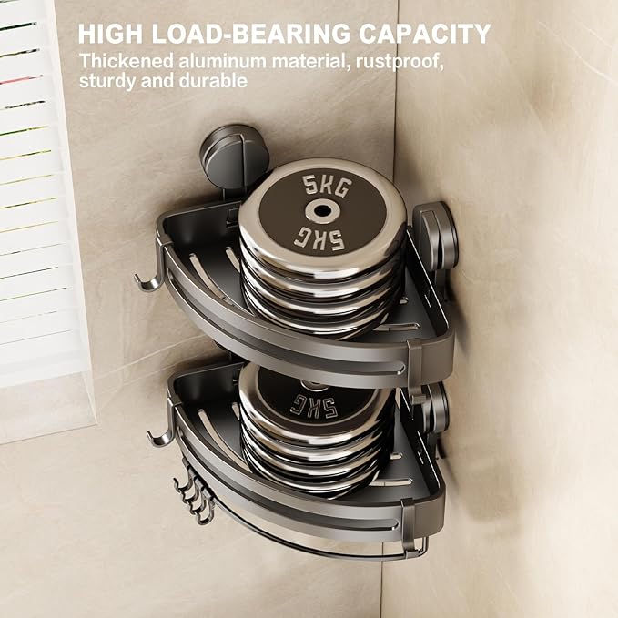 VOLPONE Shower Caddy Suction Cup, Corner Shower Shelves No Drilling, Showers Organizer Storage with Towel Bar & Removable Hooks, Bathroom Shower Shelf Rack for Inside Showers, Triangle