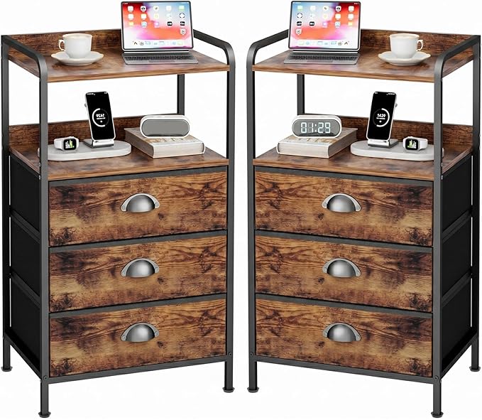 Night Stand Set 2, Nightstand with 3 Fabric Drawers and 2-Tier Shelf, Small Dresser Organizer, Bedside Table with Storage, End Table for Bedroom, Steel Frame, Wood Top, Rustic Brown