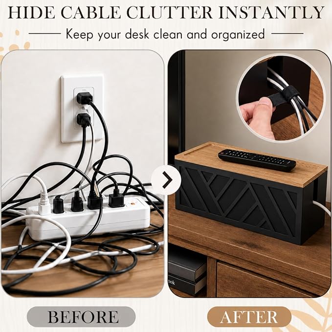 Chunful Large Cable Management Box, Wooden Cord Organizer Box for Desk, Floor, Office to Hide Extension Cords Power Stripes Surge Protectors Chargers Wires, Black, 15" L x 6.1" W x 5.3" H