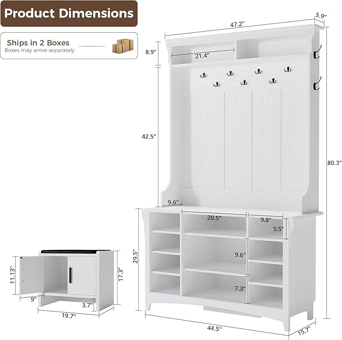 IRONCK Hall Tree with Bench and Shoe Storage, 6-in-1 Entryway Bench with Coat Rack, Adjustable Shelf, Hanging Hooks, 11 Shoe Cubbies, 2-Tier Top Storage, for Entryway, Bedroom, Living Room, White