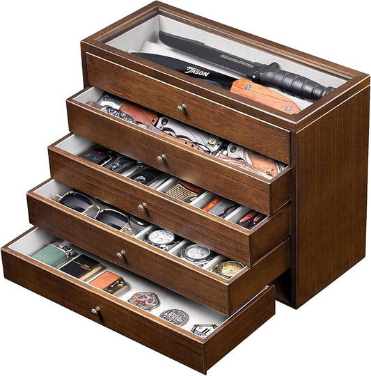5-Tier Large Knife Display Case & Organizer, Wooden Pocket Knife Storage Box with Transparent Lid, Collector-Grade Holder for Folding Knives and Daggers, Ideal Men‘s Gift