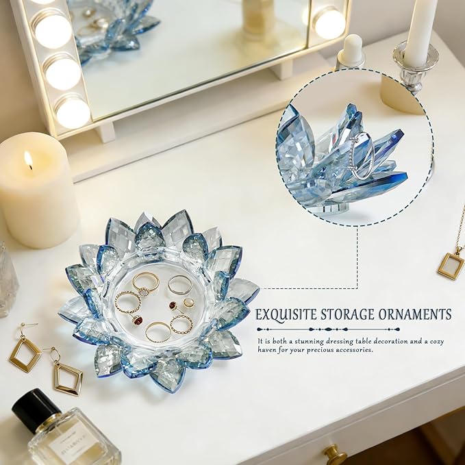 Crystal Flower Jewelry Tray, Transparent Decorative Trinket Dish for Rings, Earrings, Necklaces, Keys for Vanity Dresser Nightstand, Elegant Gift for Women Mother's Day (2, 6.3"(W) - Blue)