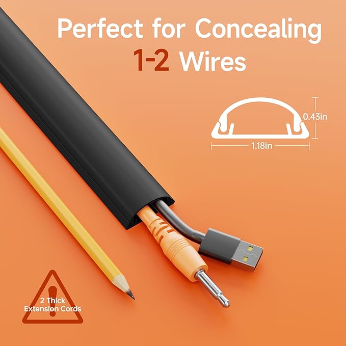 Delamu 85in Adhesive Cord Hider Wall, Mounted TV Cord Cover Kit, Multiple Cable Raceways for Wall Corner, Wire Cover Hiders for 1-2 Cables, 1.18" W X 0.43" H, Black