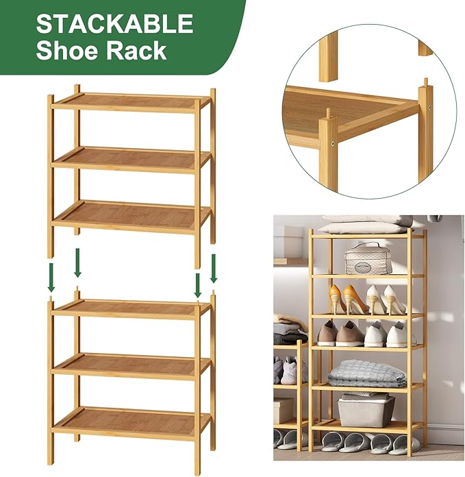 kiplant Small Shoe Rack, Bamboo Wood Shoe Rack for Entryway, Stackable | Foldable | Natural, 3-Tier Shoe Organizer for Hallway Closet, Free Standing Shoe Racks for Indoor & Outdoor