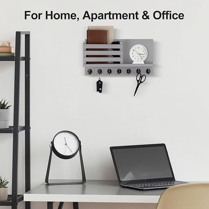 Lwenki Key Holder for Wall – Decorative Wooden Mail Holder and Key Shelf with Mounting Hardware, Installation Guide – Paulownia Wood with Metal Key Hooks (Gray, Extra Large - 15.6inch)