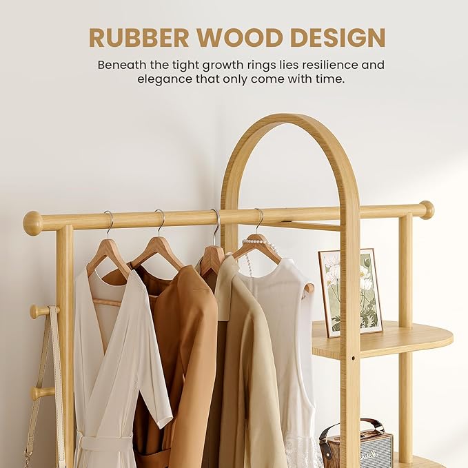 41.3" Wide 3-in-1 Freestanding Clothing Rack, Wooden Coat Rack with 4 Shelves and 5 Hooks,Solid Rubber Wood Coat Rack with Shelves for Entryway, Bedroom, Living Room,Natural