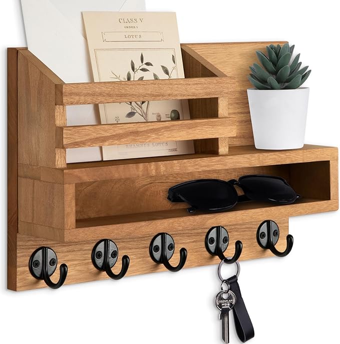 Key and Mail Holder Wall Mount, Key Hanger with Long Storage Box and Key Hooks for Coat, Dog Leash, Home Decor Rack, House Accessories, Entry Way Organizer