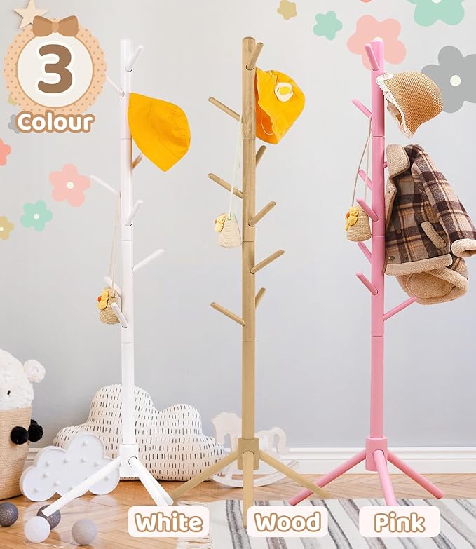 Beech Wood Kids Coat Rack - Adjustable Height Stand with 9 Hooks, Freestanding Children's Clothing Organizer for Hallway, Bedroom, Easy Assembly, White