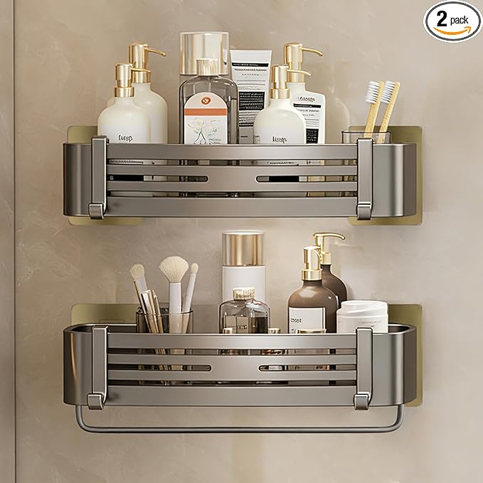 Shower Caddy, Adhesive Bathroom Shower Corner Organizer Shelves with Hooks, No Drilling Shower Shelves Organizer for Bathroom Kitchen 2 Pack