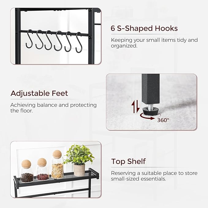 MAHANCRIS Bakers Rack with Power Outlet, Kitchen Storage Shelf with 6 Hooks, Microwave Stand with Storage, 4-Tier Coffee Bar Station, for Kitchen, Dining Room, Rustic Brown BRHR35E01