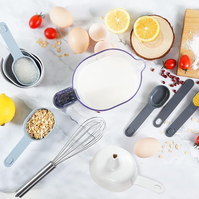 11 Pieces Measuring Cups and Spoons set, Includes 10 Stackable Measuring Cup with Lid and 1 Adjustable Measuring Spoon, Measuring Spoons Set for Liquid and Dry, BPA Free, Dishwasher Safe