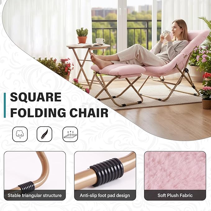 Tiita Folded Chair with Straight Ottoman, Soft Faux Fur Oversized Folding Accent Chair,Lazy Chair, Metal Frame Moon Chair for Bedroom, Living Room, Dorm Rooms, Garden and Courtyard, Pink