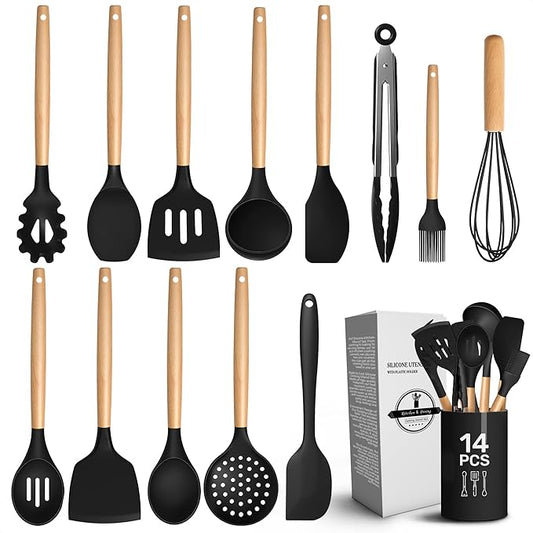 14 PCs Black Silicone Cooking Utensils Set with Holder - Versatile Kitchen Utensils with Sturdy Wooden Handles - Heat Resistance Silicone Kitchen Utensil Set with Holder for All Cooking & Baking Needs