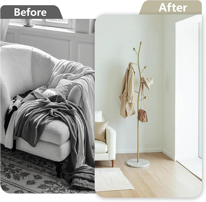 sawsile Gold Coat Rack Freestanding,Coat Hanger Stand with Natural Marble Base,Modern Sturdy Metal Clothes Rack Standing Hall Tree Hanger for Hats,Scarf, Bag, Jacket