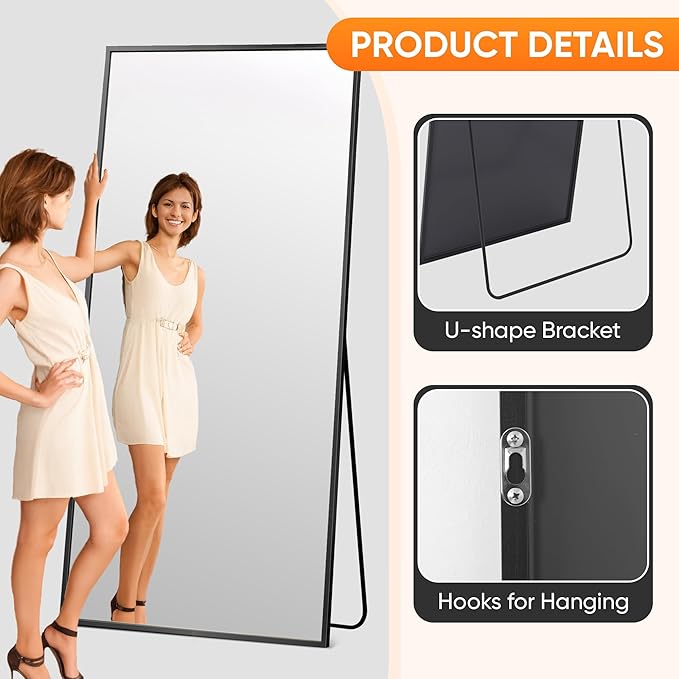 Suidia Full Length Mirror, 56"x14" Floor Standing Mirror Freestanding, Full Body Mirrors with Stand for Bedroom, Hanging Mounted for Living Room Cloakroom, Black, Rectangular Style