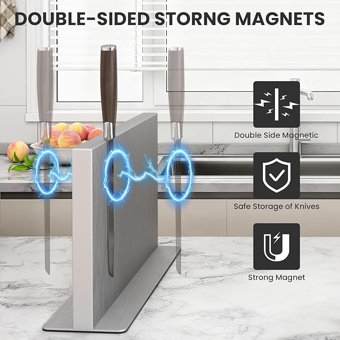 THMINS Large Magnetic Knife Block Stainless Steel Double-Sided Magnetic Knife Holder, Universal Multi-function Display Rack for Kitchen Counter