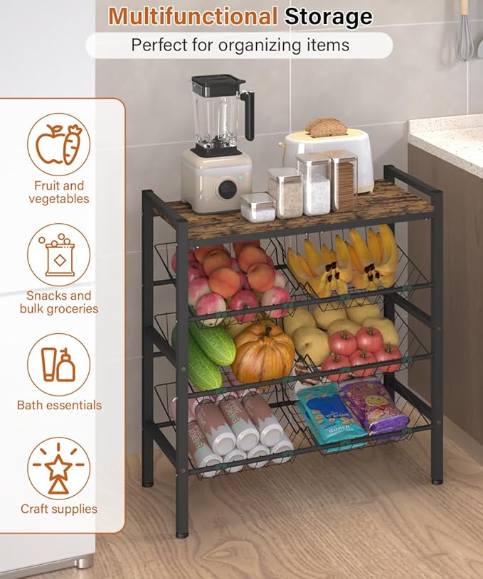 Kitchen Fruit and Vegetable Storage Rack, 4-Tier Fruit Basket Stand, Freestanding Snack Display Organizer Shelf, Small Kitchen Island with Wood Top for Pantry, Office, Living Room, Black