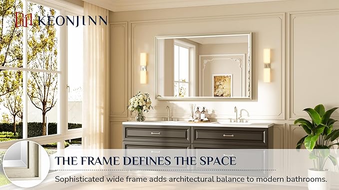 Keonjinn 55" x 36" Brushed Nickel Bathroom Vanity Mirror, Safe Tempered Glass with Beveled Edge, Aluminum Alloy Frame Square Corner, Anti-Rust, Large Rectangular Silver Bathroom Mirrors for Over Sink
