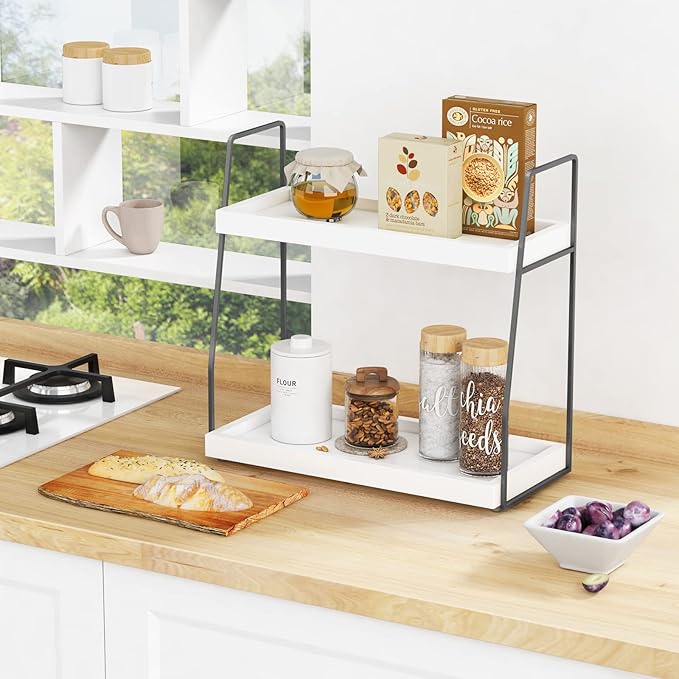 Forbena 2 Tier Bathroom Counter Organizer, White and Grey Coffee Bar Organizer for Countertop, Wood Shelf Tray for Vanity Makeup Storage, Small Kitchen Sink Top Organizers for Coffee Bar Station