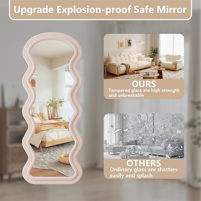 Wavy Full Length Mirror, 71"x32" Flannel Mirrors Full Length with Stand, Full Boby Mirrors for Bedroom, Living Room, Cloakroom, Hanging Leaning Wall Mirror, Pink