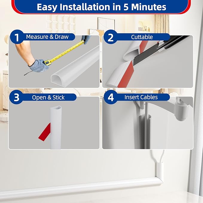 78" Side Buckle Cable Hider for 1 Cords,Extension Cord Covers for Wires On Wall,Adhesive Cord Hider for Wall Mount Tv, Wire Channel for Cable Concealer,Cable Raceway Home & Office,White