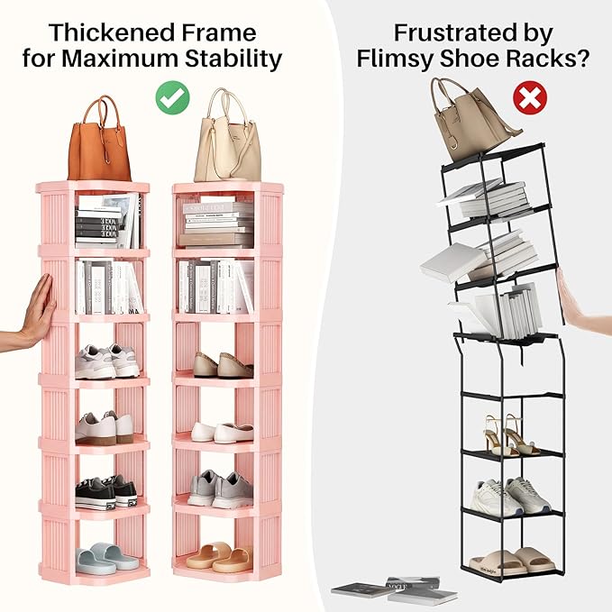 Kitstorack 10-Tier Vertical Plastic Shoe Rack, Freestanding Stackable Shoe Storage Organizer Cubes Shoe Shelf Tower or Small Closets and Tight Spaces, Pink