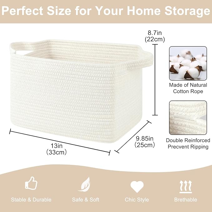 OIASKET Storage Baskets for Organizing, Woven Baskets for Shelves, Rectangle Decorative Organizer for Storage Clothes, Toy, Books, Towels Nursery Bins 3 Pack (White, 13"x9.85"x8.7")