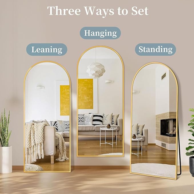Full Length Mirror with Stand, 56"x14" Arched Full Body Mirror, Large Stand Up Aluminum Frame Floor Freestanding Hanging Leaning Mounted for Bedroom Living Room Entryway Gold