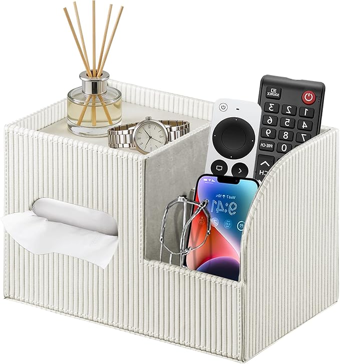 Modern PU Leather Cube Tissue Box Cover with Storage Tray, Multifunctional Remote Control Holder & Facial Tissue Dispenser Organizer for Nightstand, Bathroom, Bedroom, Office & Home Decor