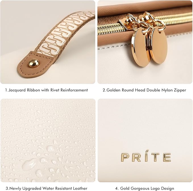 Prite Makeup Bag for Women Travel Waterproof Vegan Leather Cosmetic Bag Open Flat Toiletry Bag With Clear Divider and Handle (Beige, Large Pro)