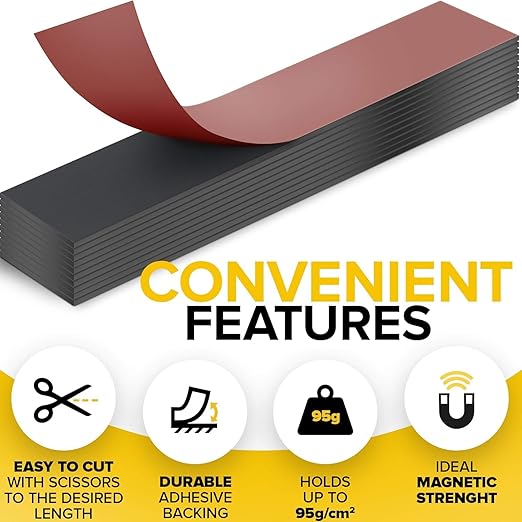 Magnetic Strips with Adhesive Backing - Magnetic Tape for Crafts - Tool and Knife Magnet Strips for Kitchen, Garage and Garden - Adhesive Magnetic Tool Holder Strip for Wall (10 Pieces, 6" x 1")