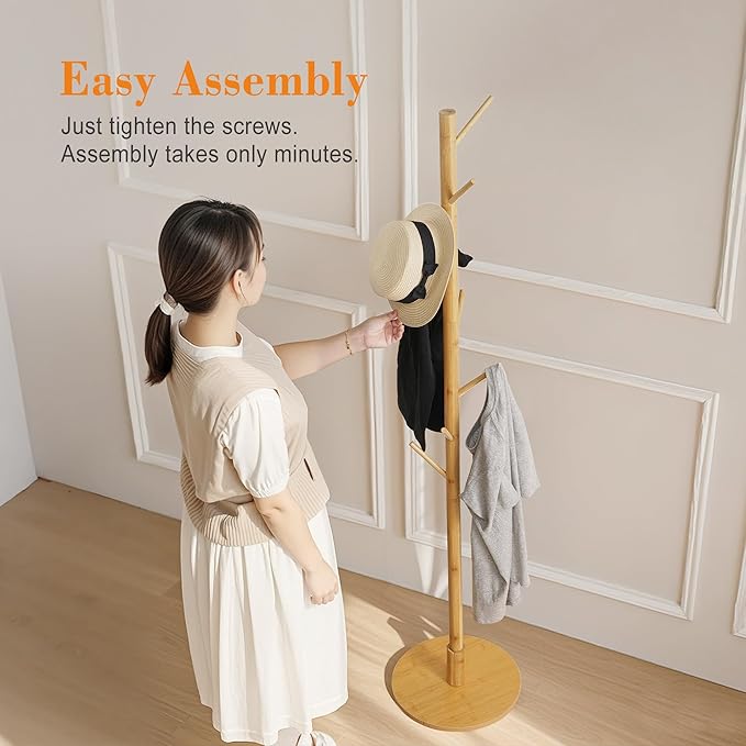 VECELO Coat Rack Freestanding, Entryway Hanger Stand, Umbrella Holder, Hall Tree With Hooks, Floor Standing Metal Tree Stand,Light Wood