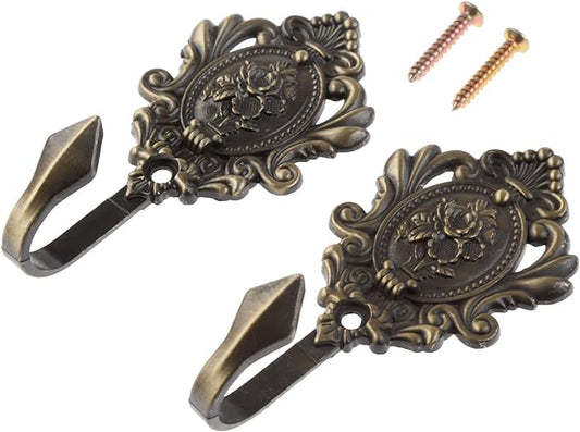2Pcs Curtain Tiebacks Hook Vintage Bronze Rose Pattern Carved Wall Hooks Key Hook Clothes Hanger Bathroom Bedroom Multi-Function Decorative Hook with Screws