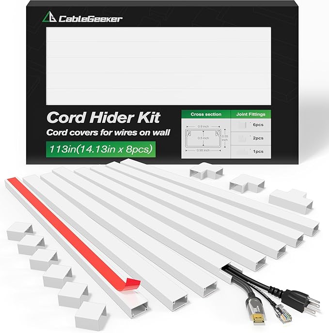 CableGeeker Cord Hider Kit, 113in Cord Covers for Wires on Wall, Paintable Self-Adhesive Cable Raceway, Wire Covers for Wall Mount TV & Home Office Cable Management, W0.95in H0.55in, White