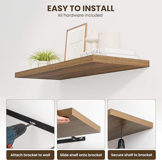 Dreamland 24" Floating Shelves for Wall, 12" Deep Slim Walnut Floating Shelves, Wall-Mounted Shelves for Bedroom, Living Room, Kitchen, Bathroom - Set of 2