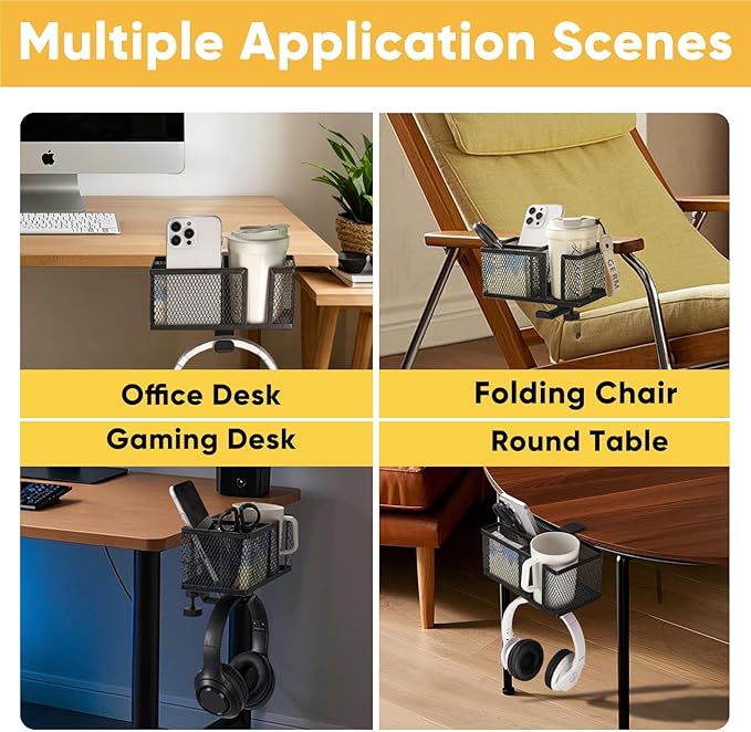 4 in 1 Metal Clip On Cup Holder Attachment for Gaming Desk or Table, Fits up to 40oz Cups, Sturdy and Easy to Clamp, Attachable Anti-Spill Cup Holder for Chair, Bedside, Bottles, Drinks - Black