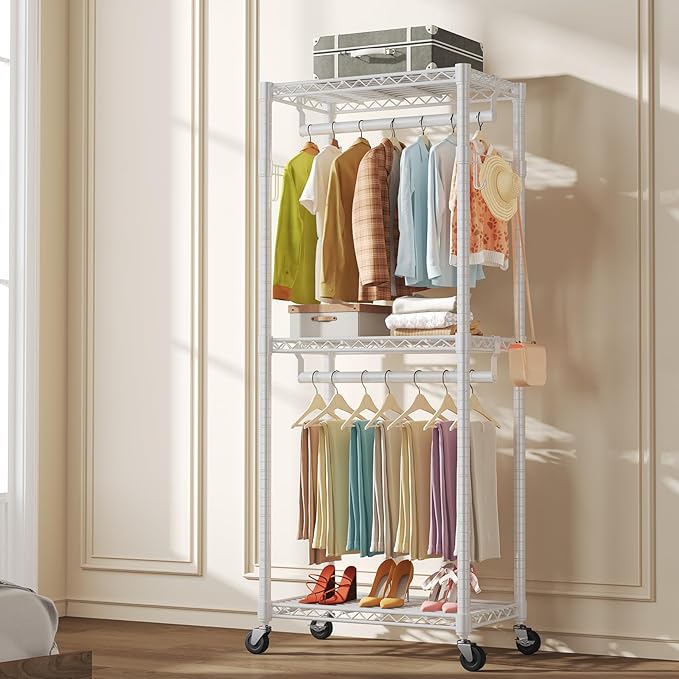 NEWBULIG Heavy Duty Adjustable Clothes Rack with Wheels, Adjustable Rolling Metal Freestanding Garment Closet Organizer with Double Rods & 2 Side Hooks for Hanging Clothes, 29" x 15" x 75", White