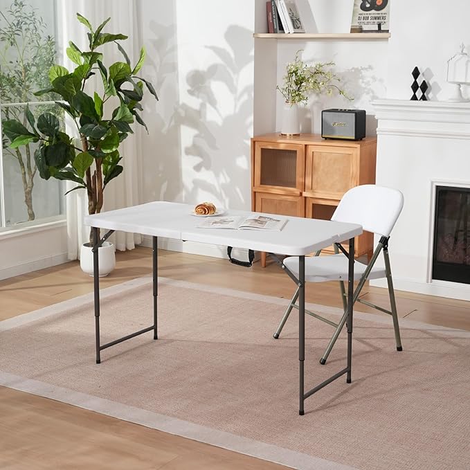 4ft Folding Table with Adjustable Height, 3-Level Foldable Table with HDPE Top & Steel Legs, Portable 4 Foot Folding Table for Picnic, Party, Craft, Indoor Outdoor Use, White