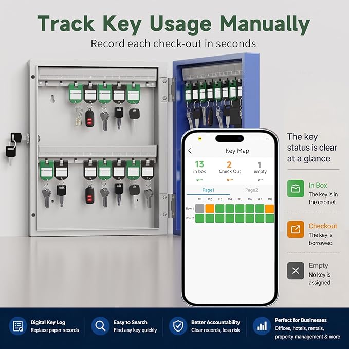 WeHere 32-Key Smart Key Lock Box, Wall-Mount Key Cabinet with Key Management App(Track Key Borrow/Return), Keypad, Bluetooth & WiFi Unlock (Sold Separately) for Commercial, School, Rental, Office