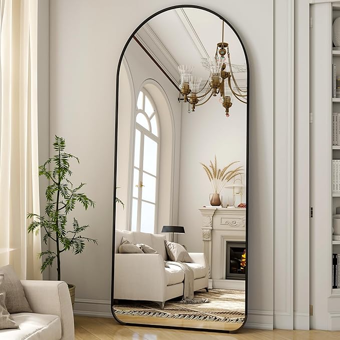 Arched Full Length Mirror 64"x 21" Floor Standing Body Mirror with Round Corner, Leaning Hanging for Bedroom Cloakroom Living Room Black